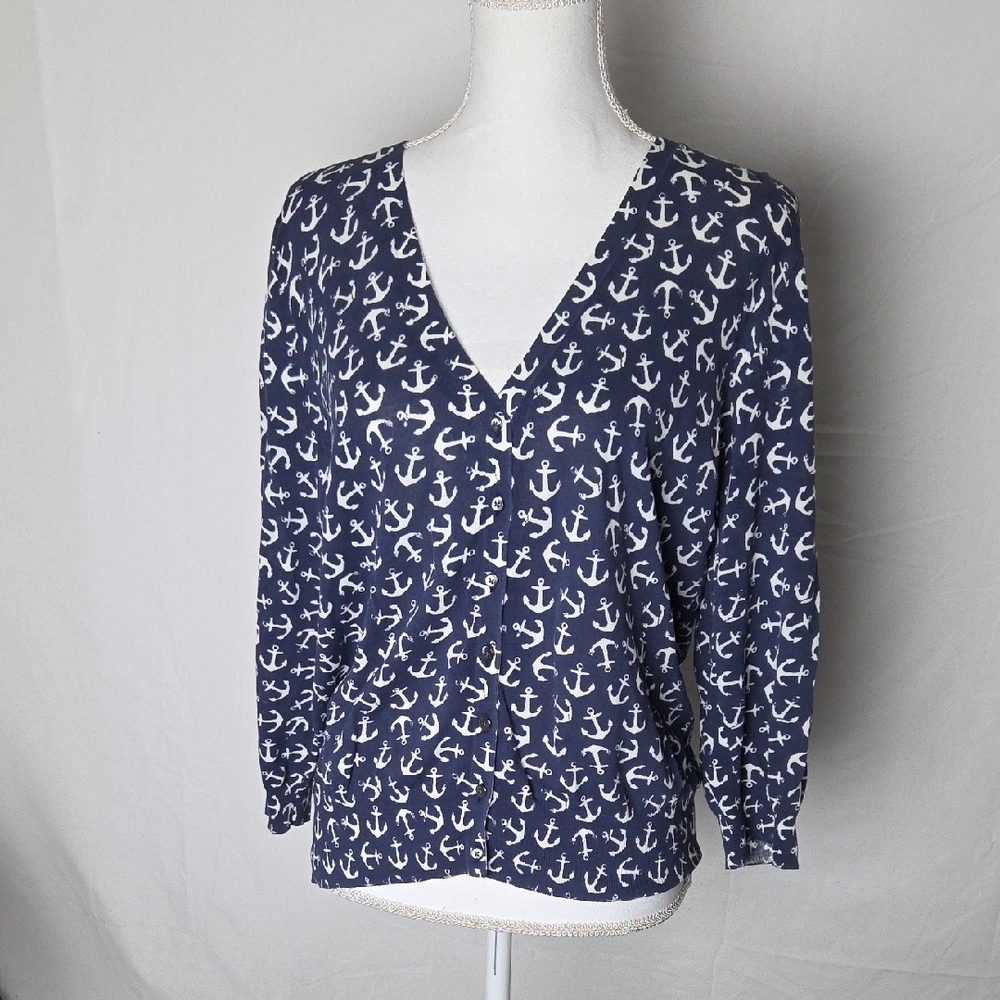 J. Crew Factory Navy and White Anchor Print  Cotton Cardigan